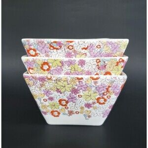 222 Fifth Floral Riot Square Rice Bowls 3ct Garden Party Nut/Candy/Sauce Serving
